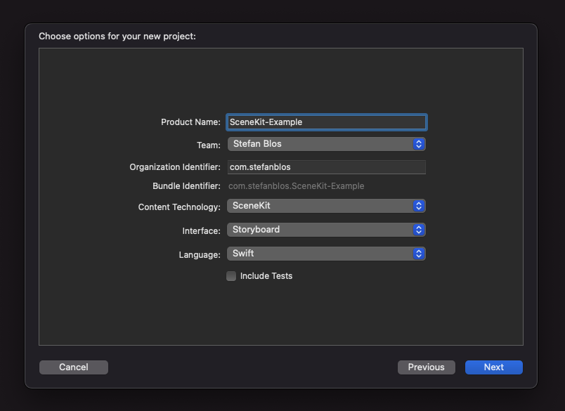 Screenshot of the settings that are used for creating the project in Xcode.