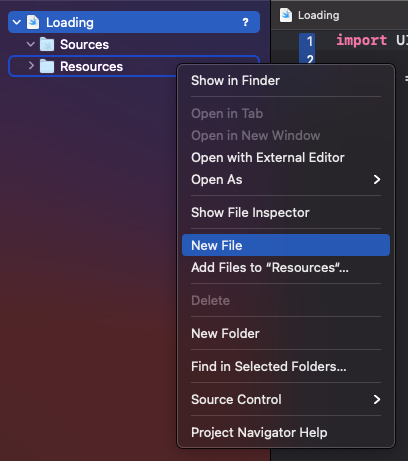 Screenshot of how to create a new file inside of our Resources folder in the playground..