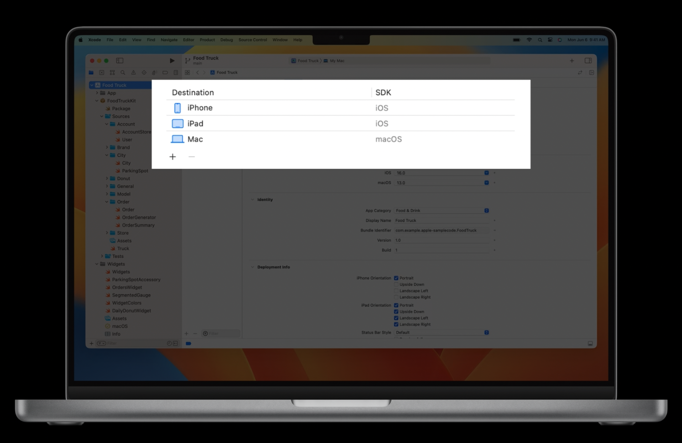 Selecting destinations for your project in Xcode.