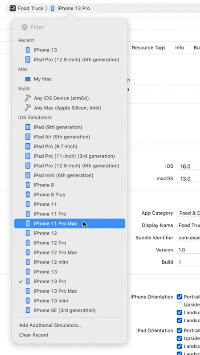 Xcode 14 shows all simulators for a scheme with an option to filter them.