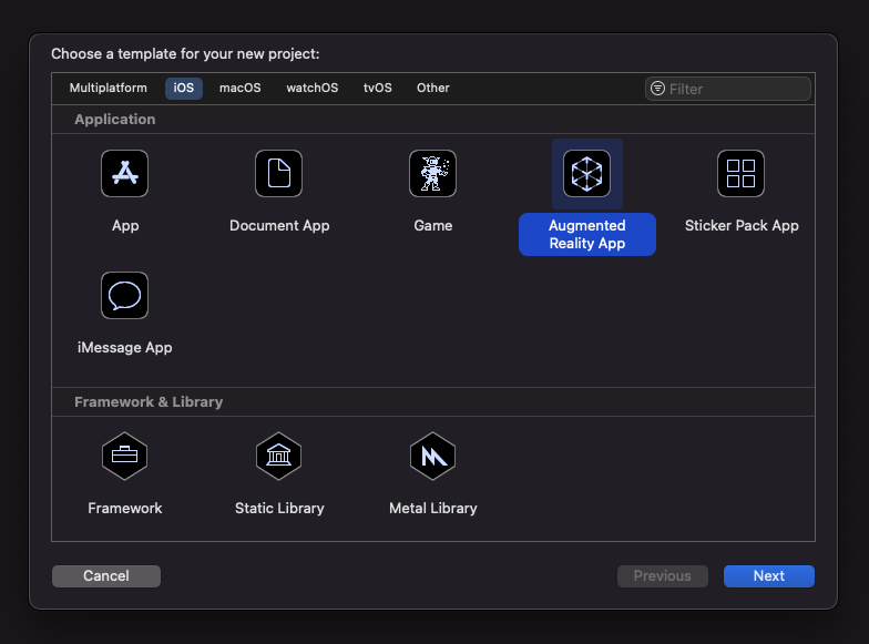Screenshot of how to create a new app with the template Augmented Reality App selected.