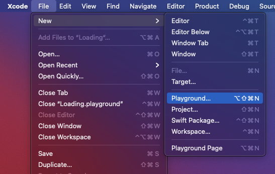 Screenshot of how to create a new Plaground project in Xcode.